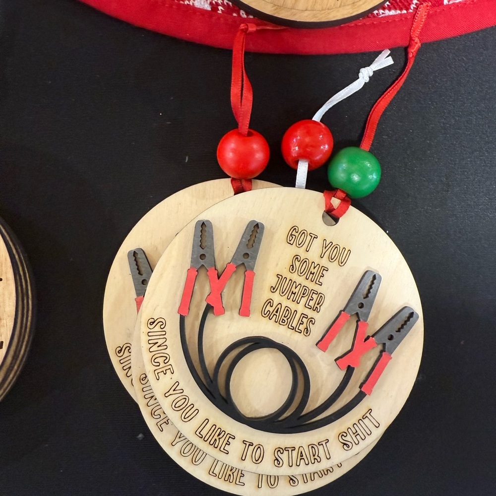 Wooden Jumper Cable Ornament with Red or Green Accents